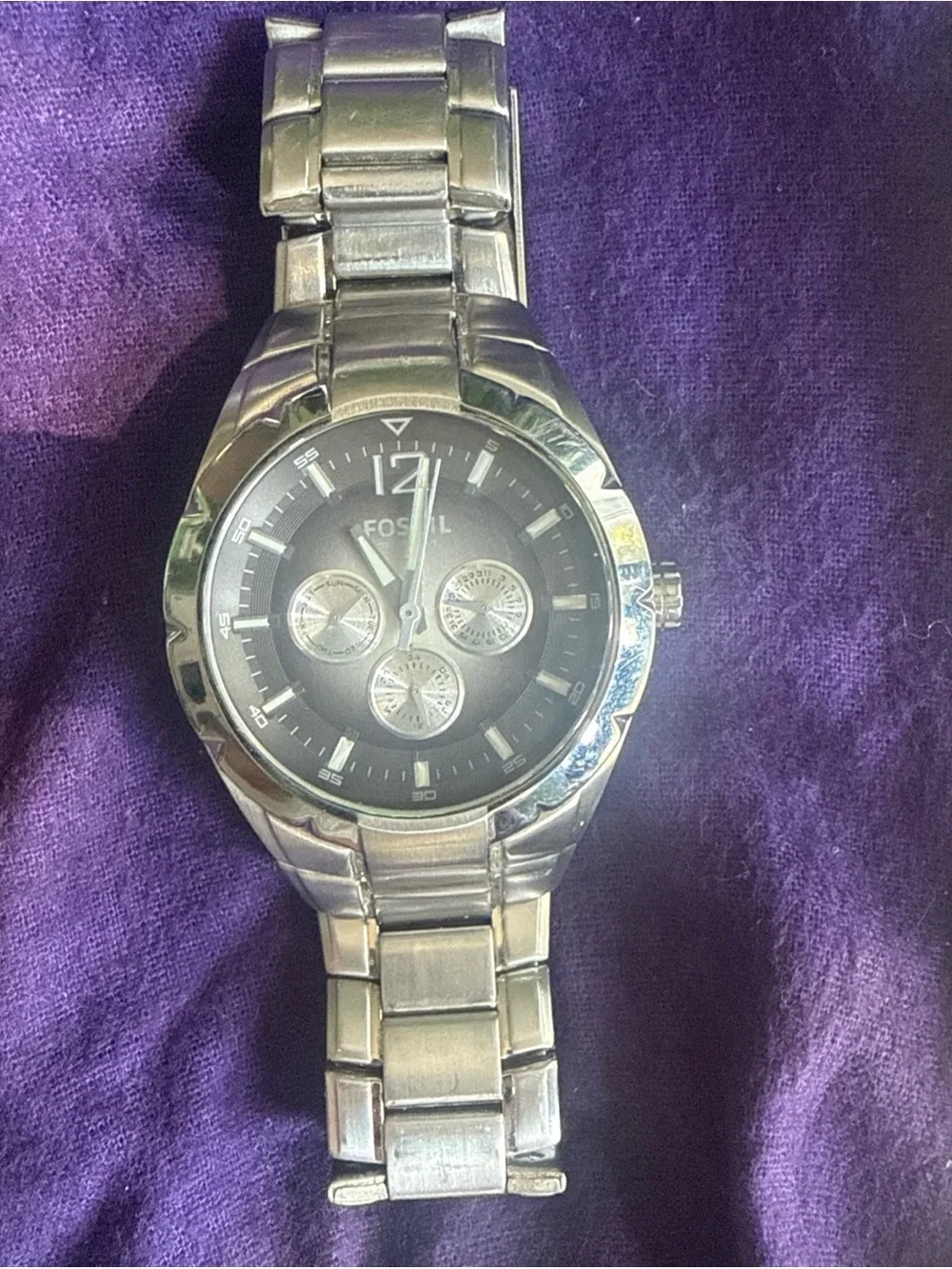 Fossil Silver-Tone Watch with Black Dial and Subdials